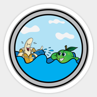 Laughing banana playing with a green plum in the ocean Sticker